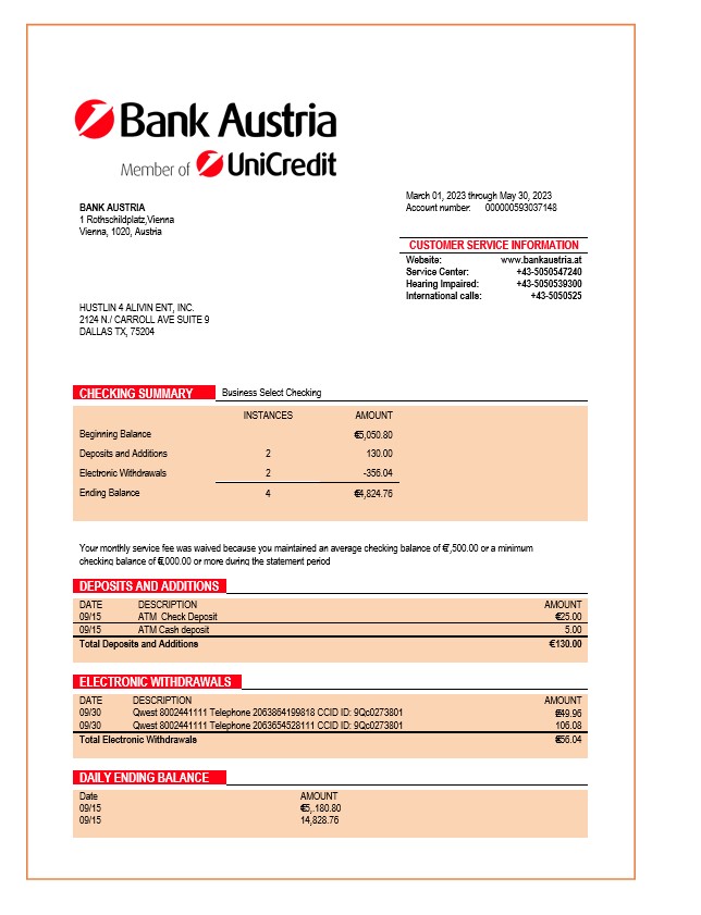 Déclaration d'organisation de Bank Austria Modèle Word et PDF